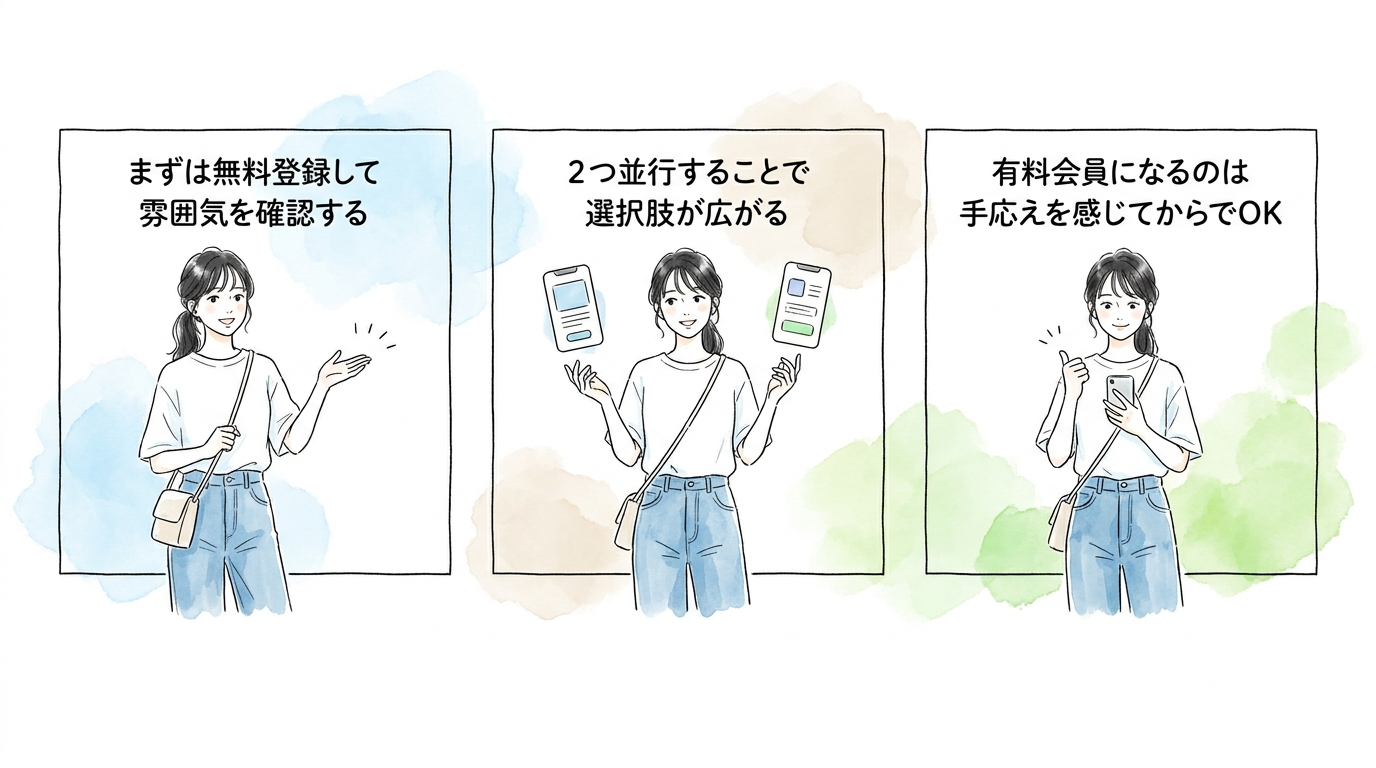 まず無料で始められるマッチングアプリを2つ並行して試してみる
