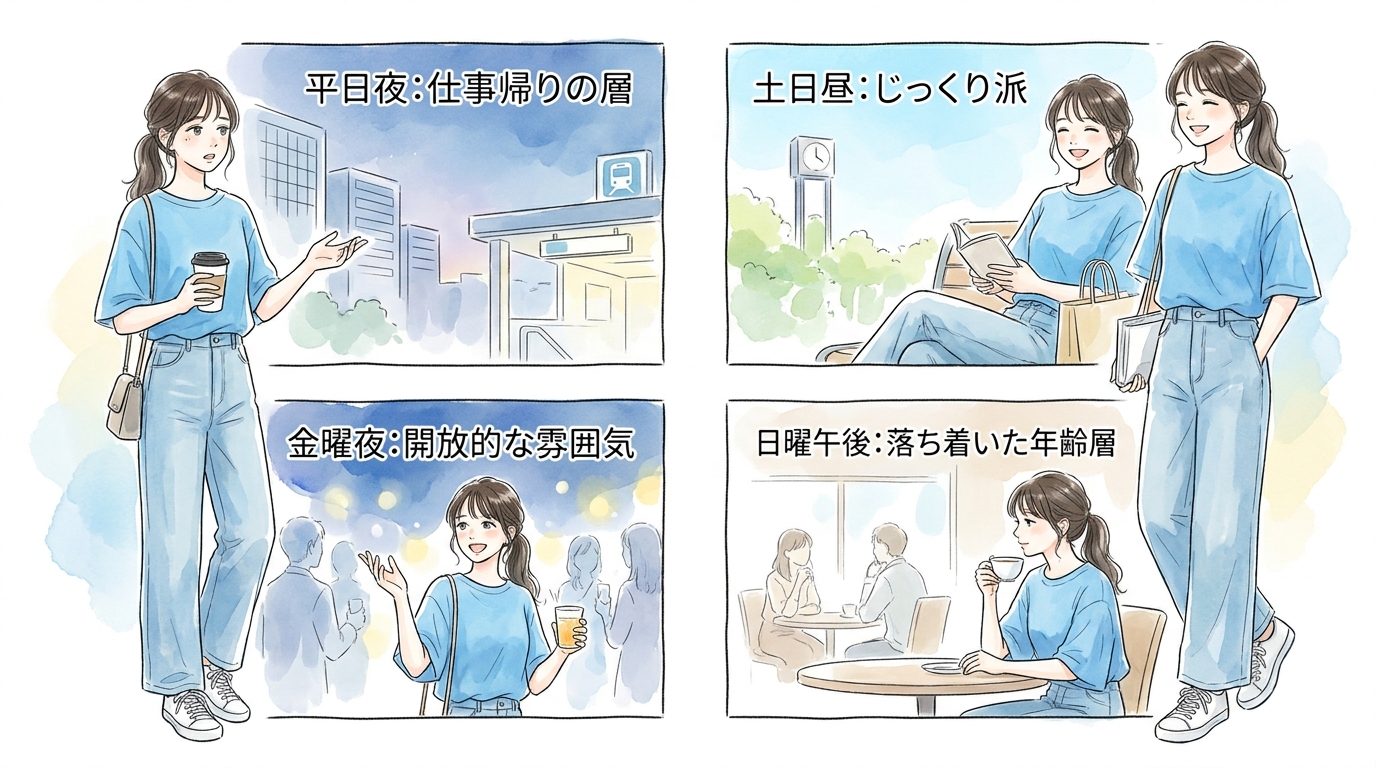 同じ場所でも時間帯・曜日で出会える層が変わってくる