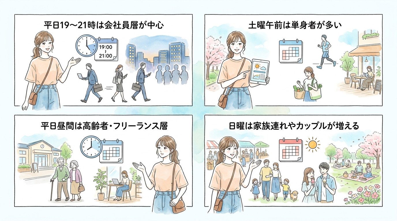 平日19〜21時と土曜午前が同年代と顔を合わせやすい