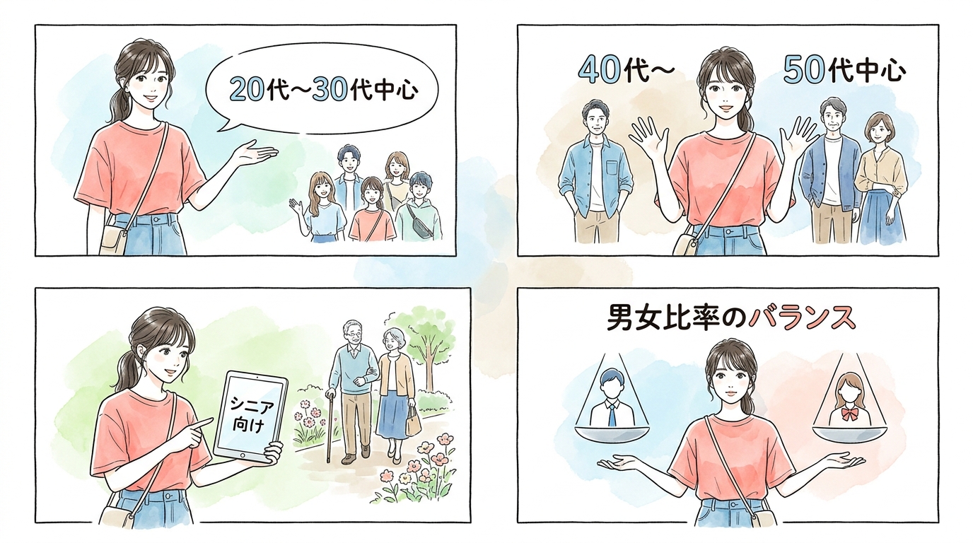 年齢層と男女比率を事前に確認しておくと、ミスマッチを防げる