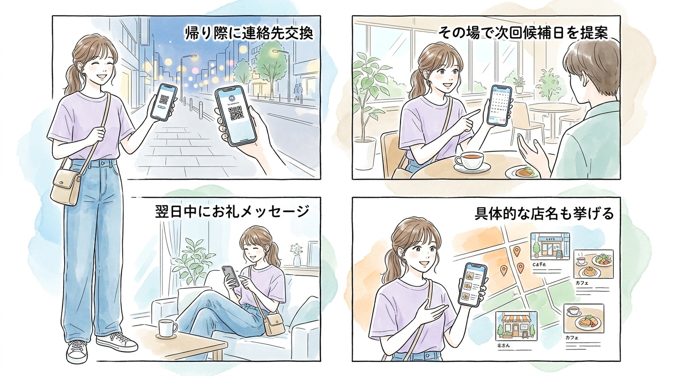 気の合った人とは連絡先を交換して次回の約束を取り付ける