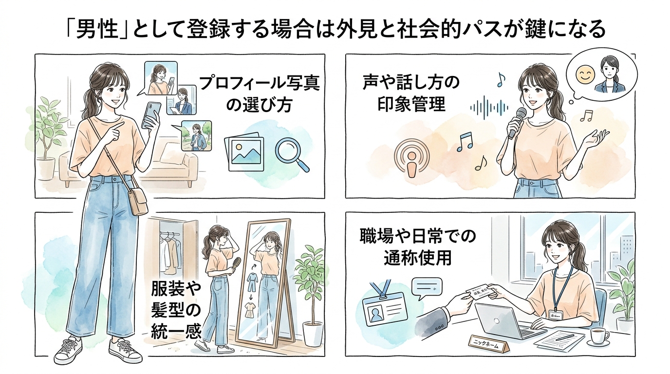 「男性」として登録する場合は外見と社会的パスが鍵になる