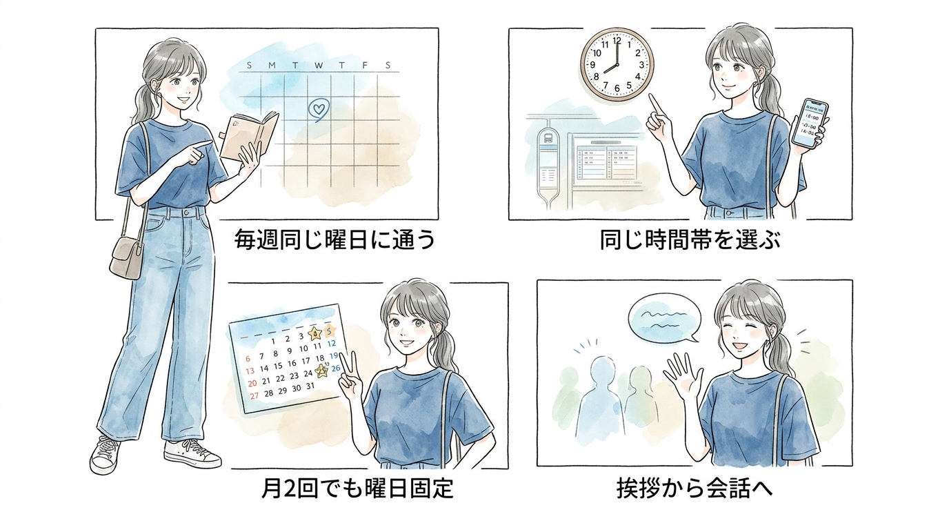 通う曜日と時間帯を固定すると、顔なじみができやすくなる