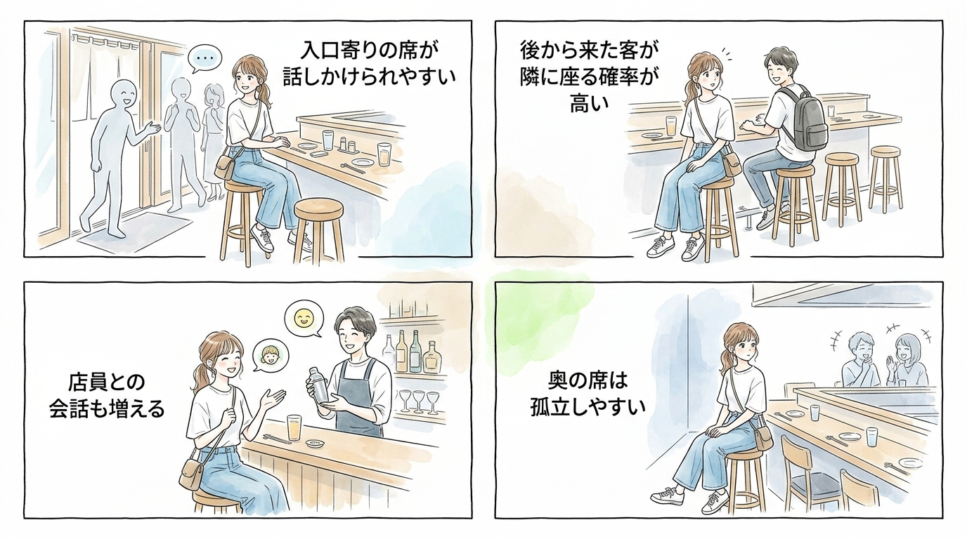 カウンター中央より入口寄りの席が声をかけられやすい