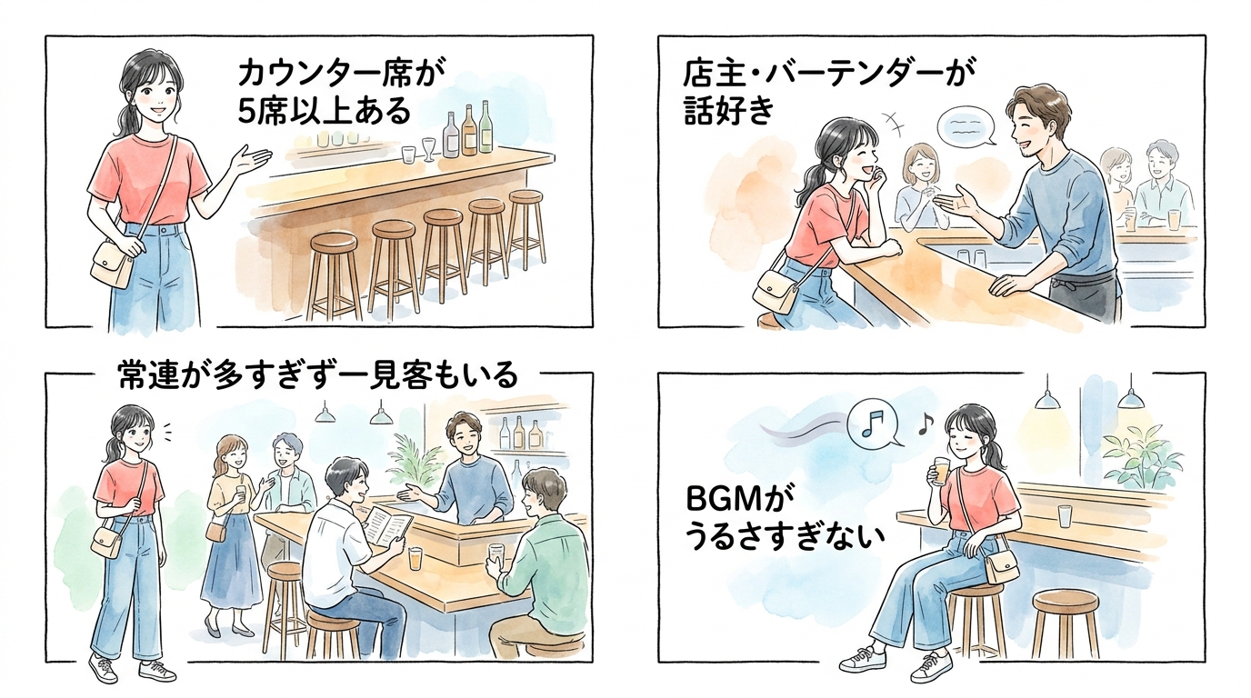 カウンター中心のバーが会話のきっかけを生んでいる