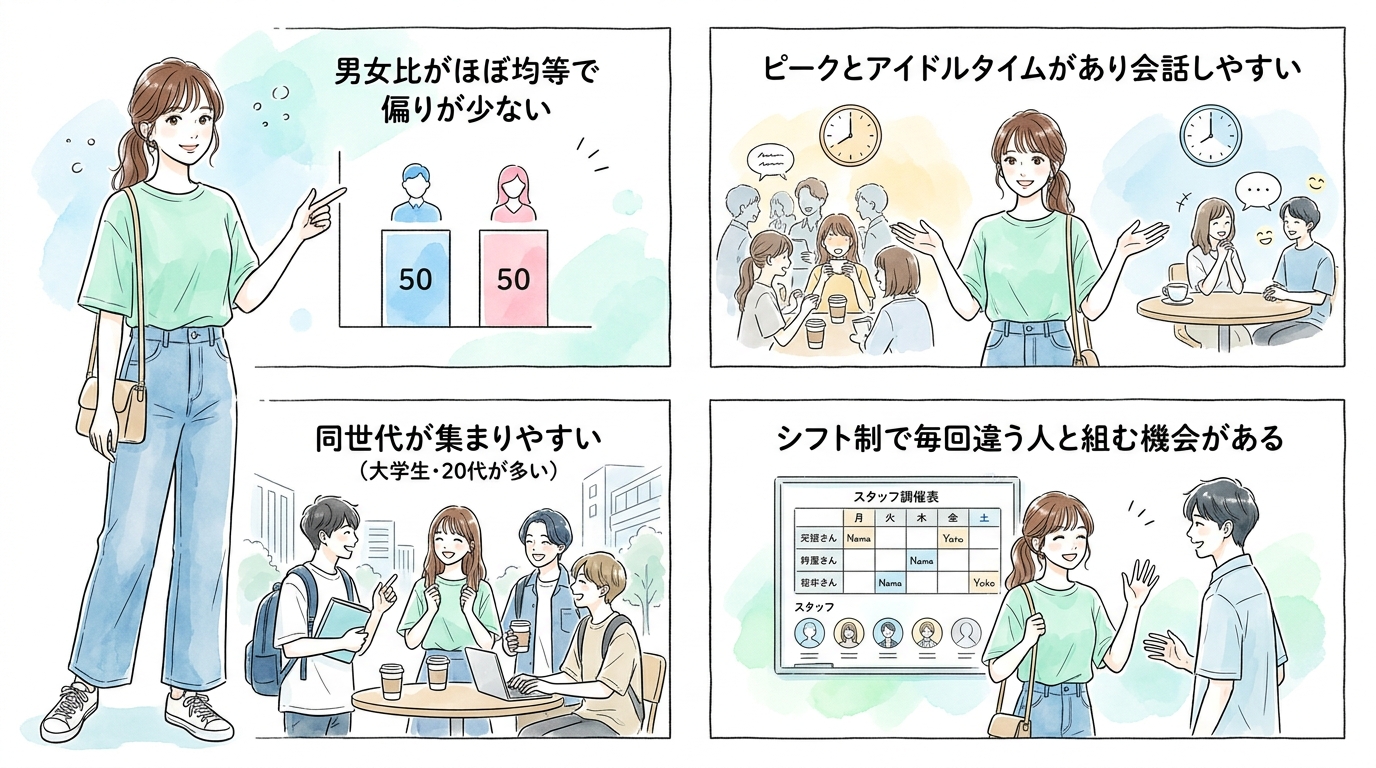 カフェやファミレスは男女比が均等で会話が生まれやすい