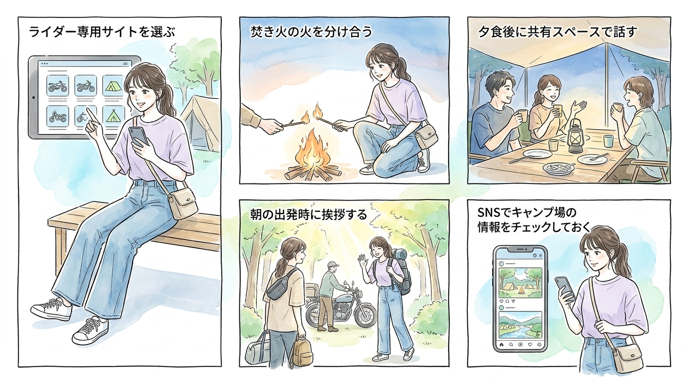 キャンプ場で焚き火を囲みながら旅の話をする