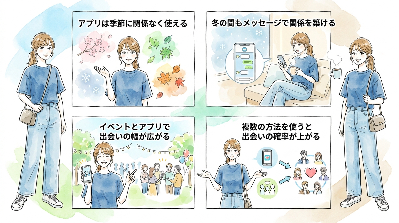マッチングアプリと併用すれば年間を通じて出会いの機会を維持できる