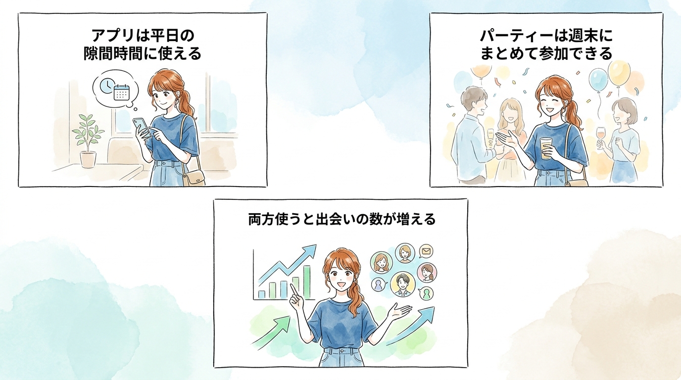 マッチングアプリと婚活パーティーを併用すると出会いの幅が広がる