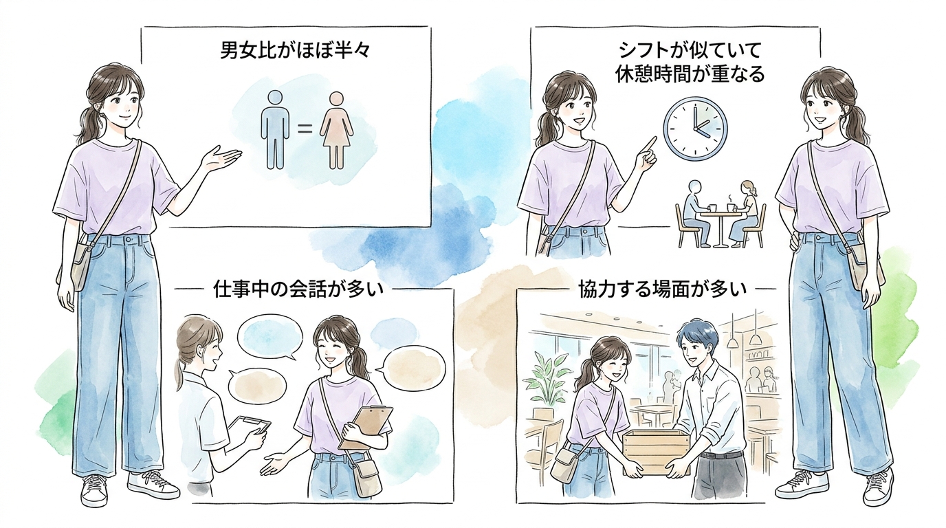 レストラン・フロントなどホール系が男女比も時間も理想的だ