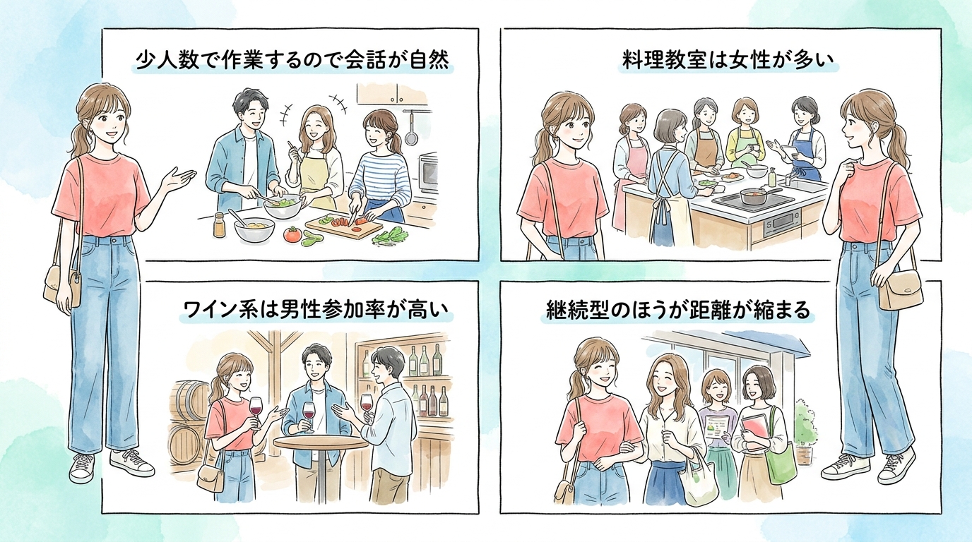 休日の料理教室やワインスクールで共通の話題が生まれる