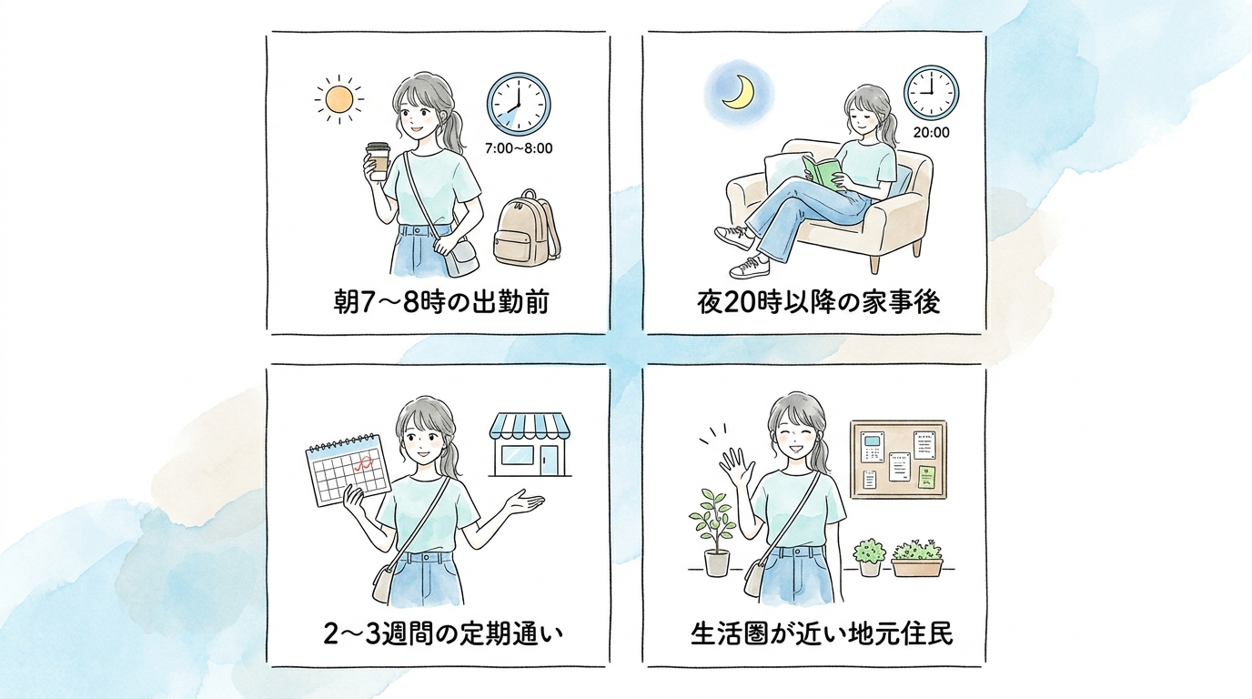 住宅街の店舗は朝7〜8時と夜20時以降に固定メンバーが集まってくる