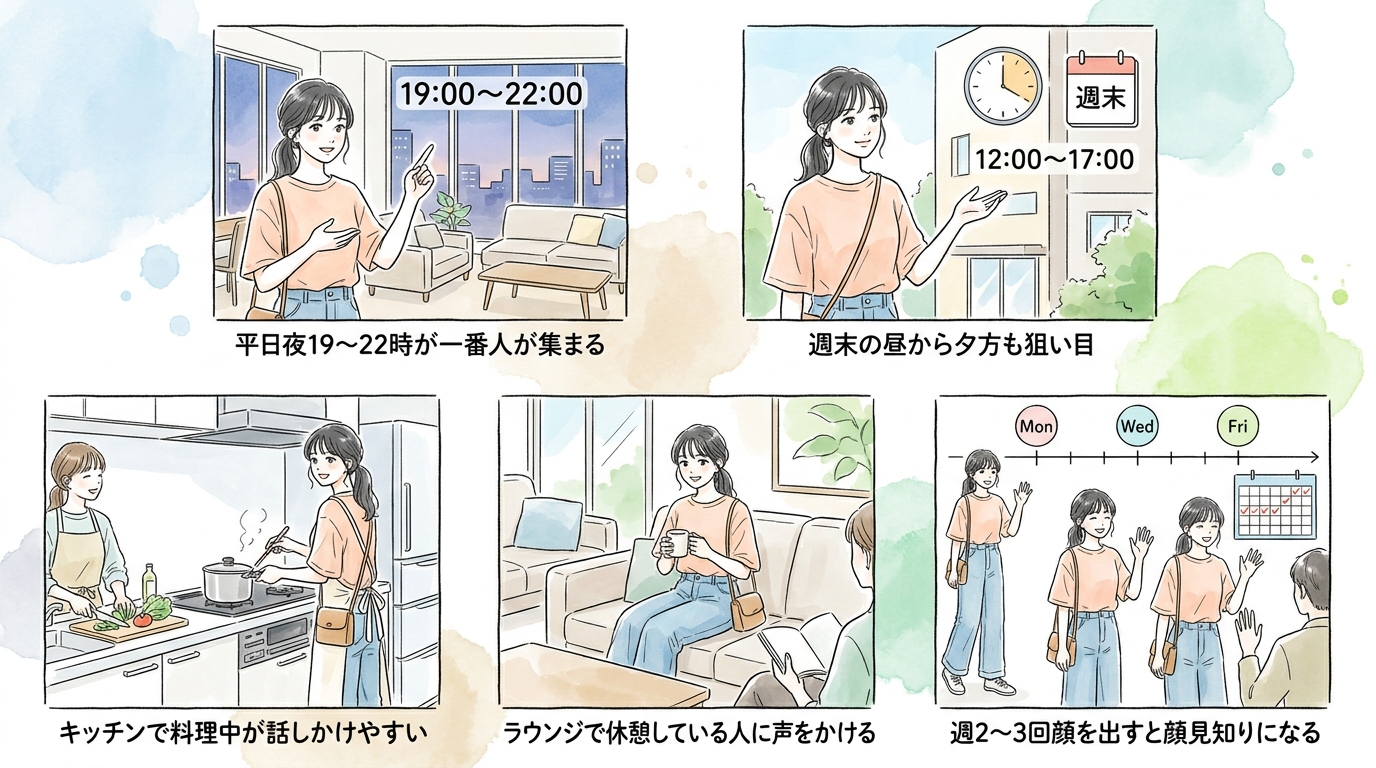 共有ラウンジ・キッチンで平日夜と週末に自然に話しかけられる