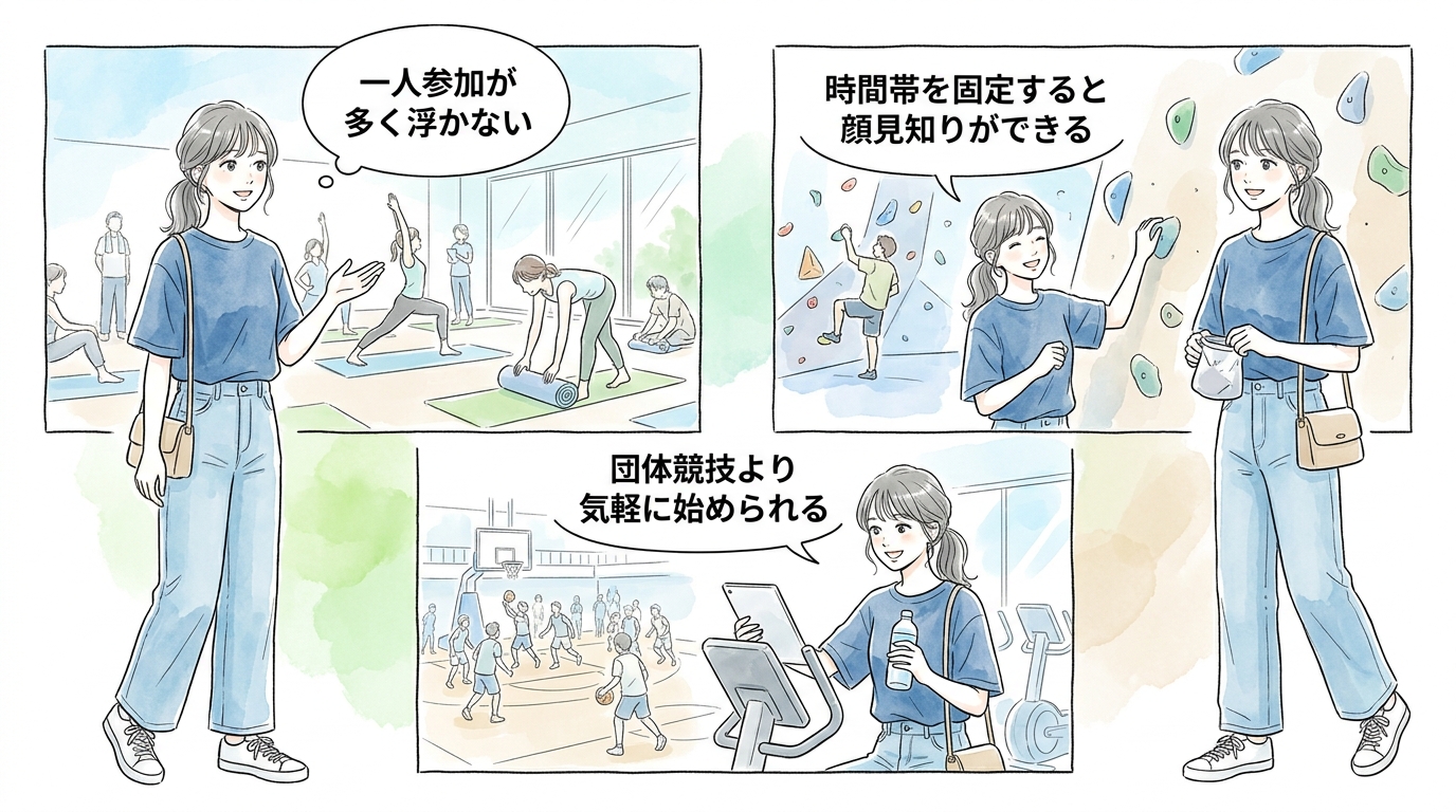 初心者OKのジム・ヨガ・ボルダリングは一人参加のハードルが低く始めやすい