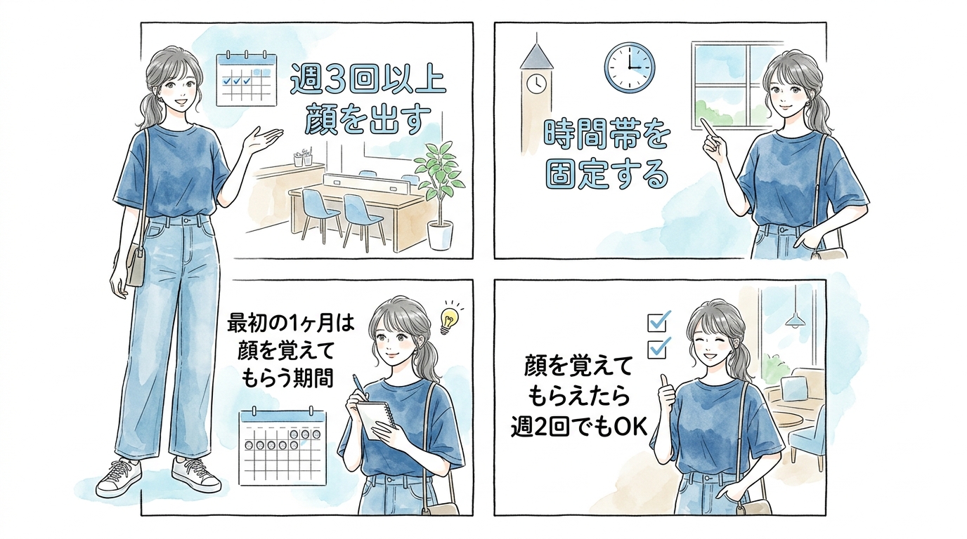 初日から共有スペースに週3回以上顔を出すと覚えてもらえる