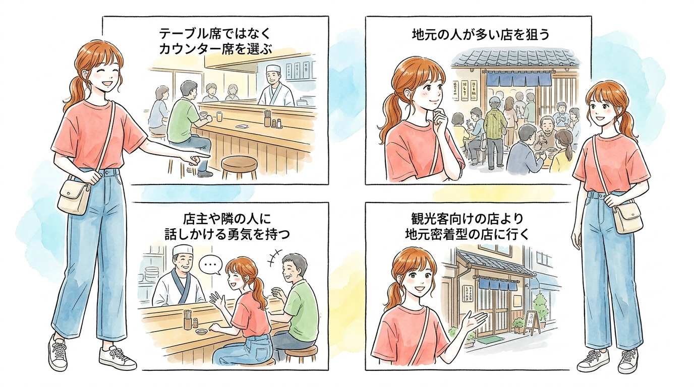 地元の人が集まるカウンター席で距離が縮まる