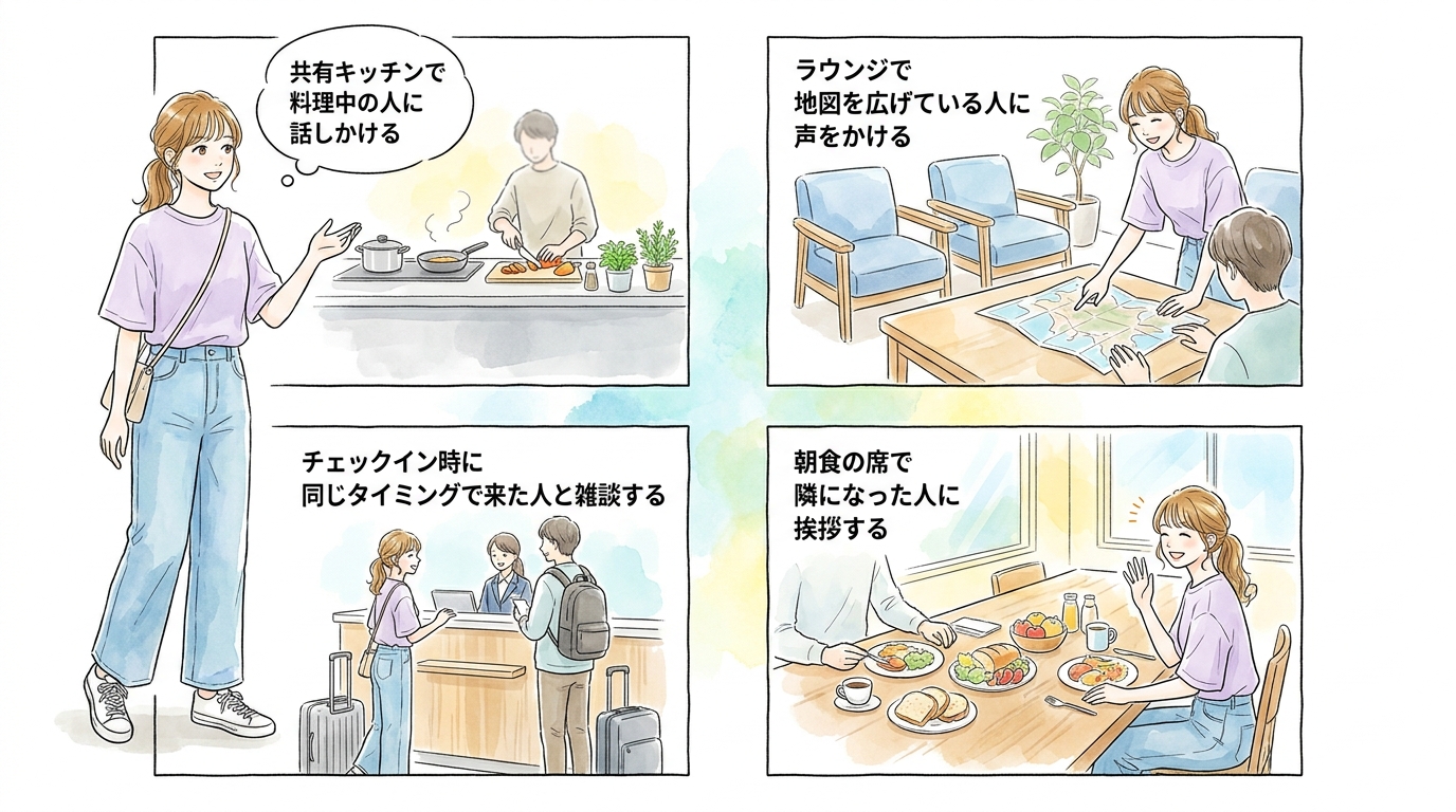宿泊施設の共有スペースで自然と会話が始まる