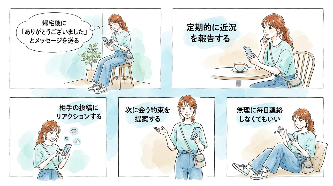 帰宅後も繋がりを保てるようアプリ内や軽いSNSで繋がっておく