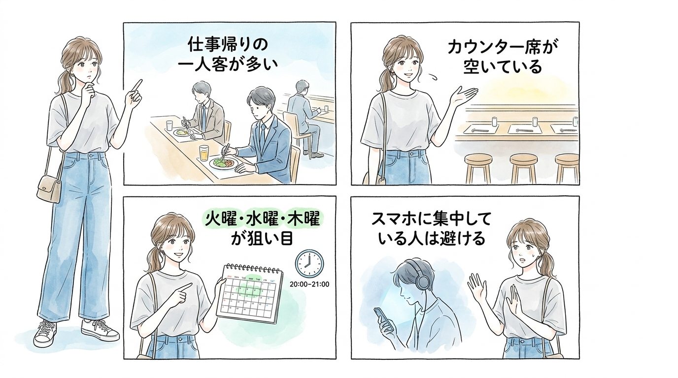 平日20〜21時台が一人客同士で被りやすい