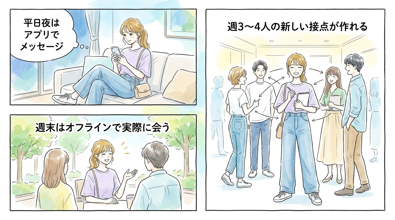平日はアプリでやり取り、週末はオフラインイベント参加という併用が効率的