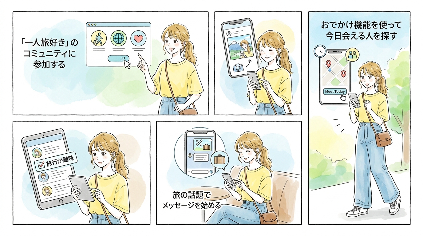 旅行好きのコミュニティから同じ価値観の人を探せる