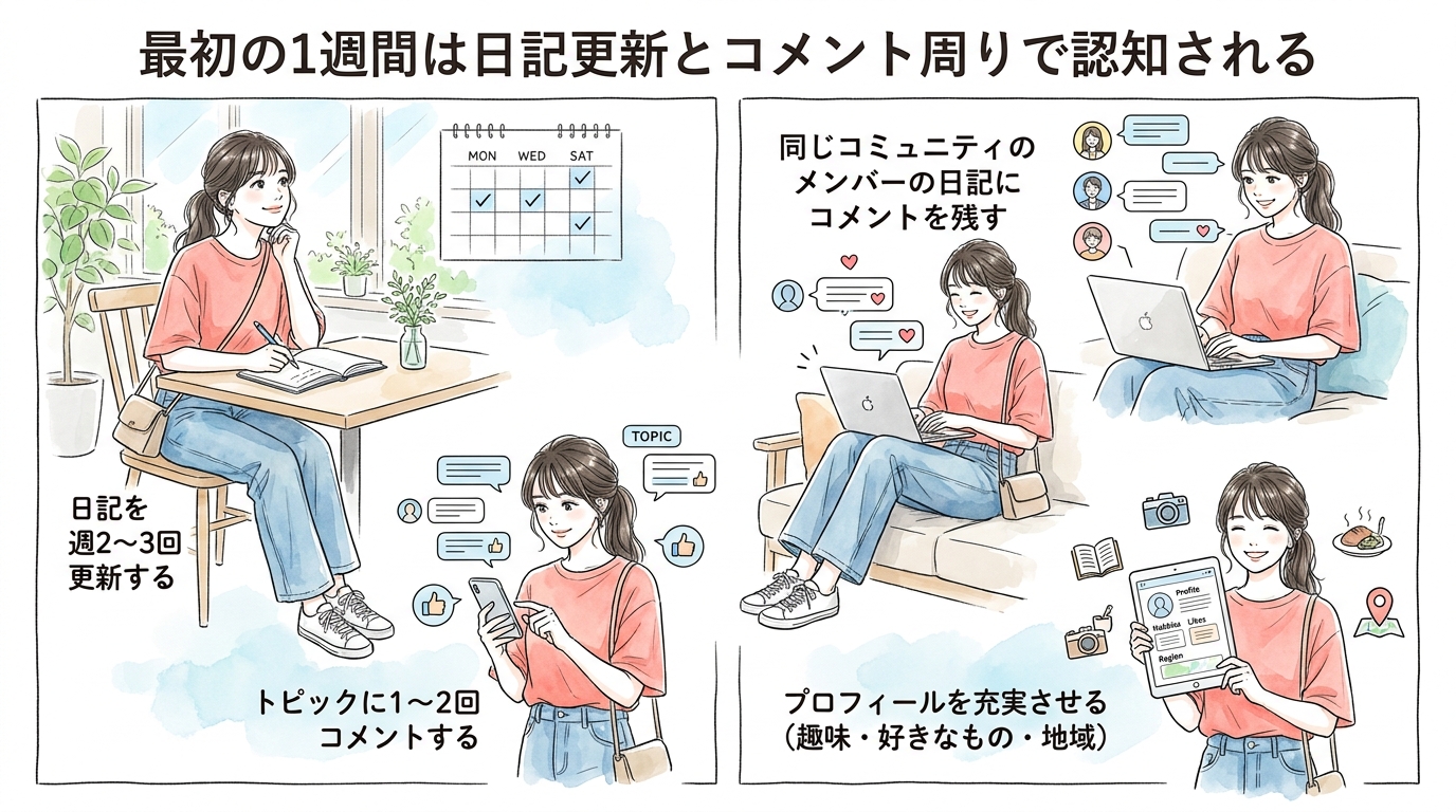 最初の1週間は日記更新とコメント周りで認知される