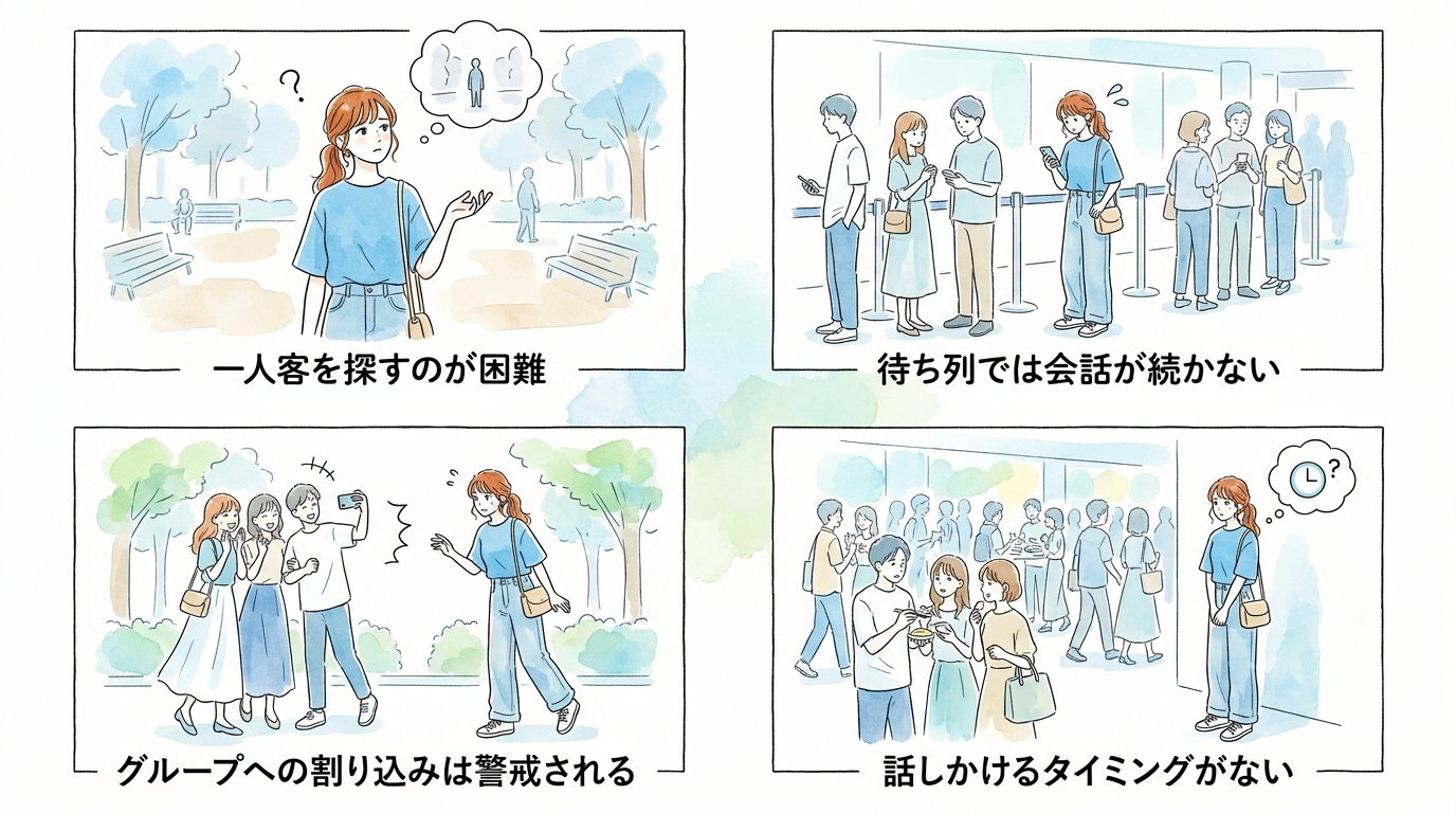 来園者の9割以上がグループ客で声をかける隙がない