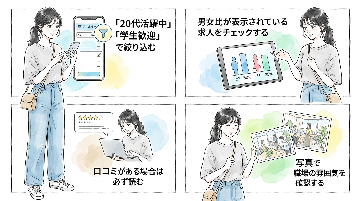 求人サイトで「20代活躍中」「学生歓迎」の条件で絞り込む