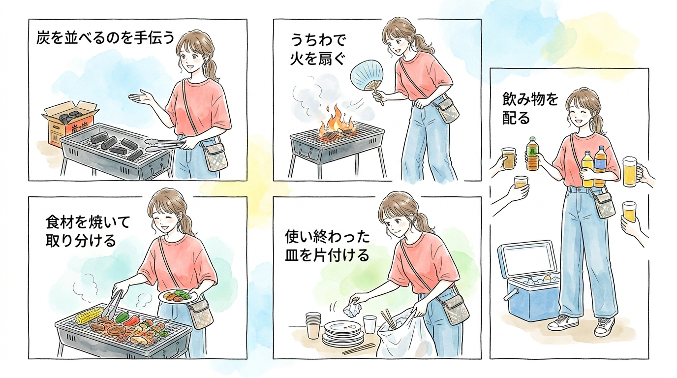 準備や火起こしを率先して手伝うと協力的な人だと思われる