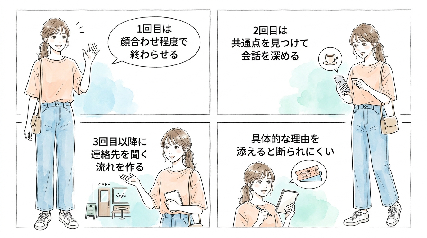 焦って連絡先を聞くと警戒されるので3回目以降を目安にする