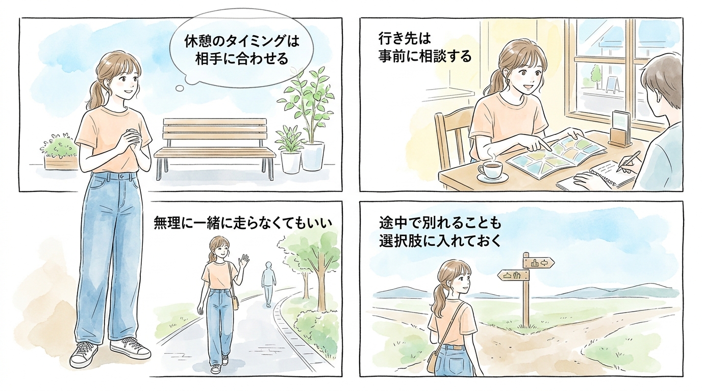 相手の旅のペースを尊重しながら程よい距離感を保つ