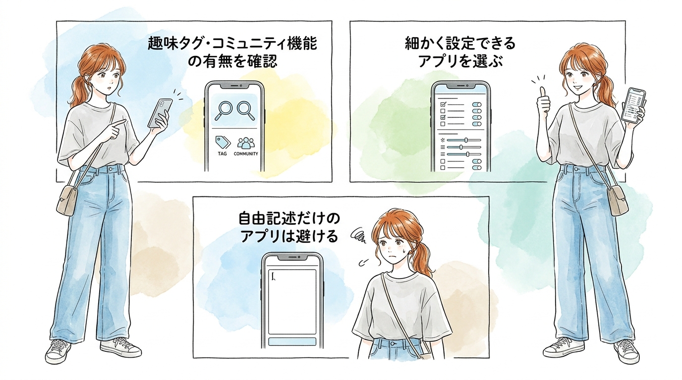 趣味タグやコミュニティ検索があるアプリだけに絞ると無駄な時間を使わない