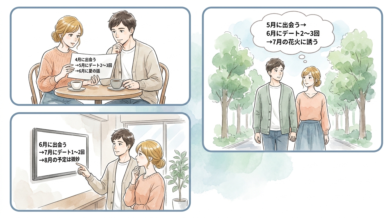 7・8月のイベントを2人で迎えるには4〜5月に出会って関係を育てる必要がある
