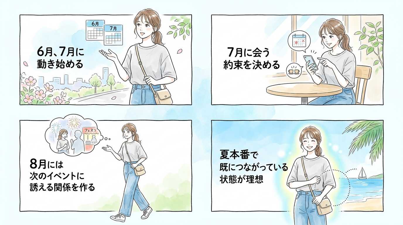 8月に入る前に動き出せば、夏本番で既につながっている
