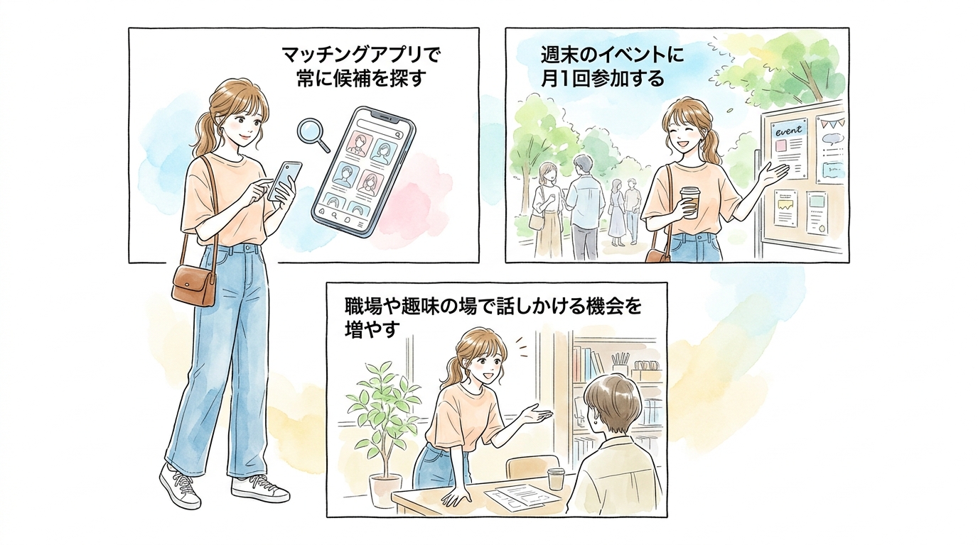 すでに動いている人が使っている出会いの場は、オンライン・イベント・日常の3つだけ