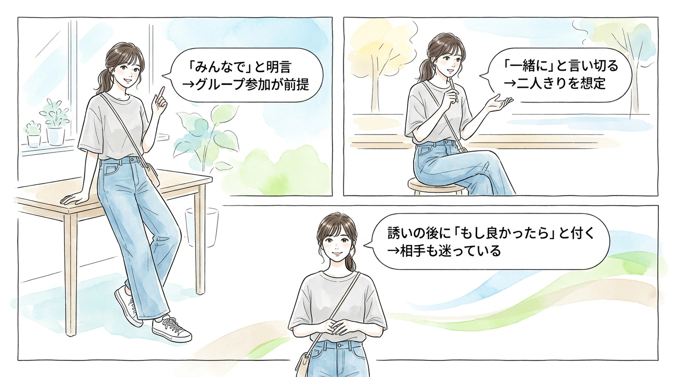 「みんなで行こう」か「一緒に行かない?」で意味が変わる