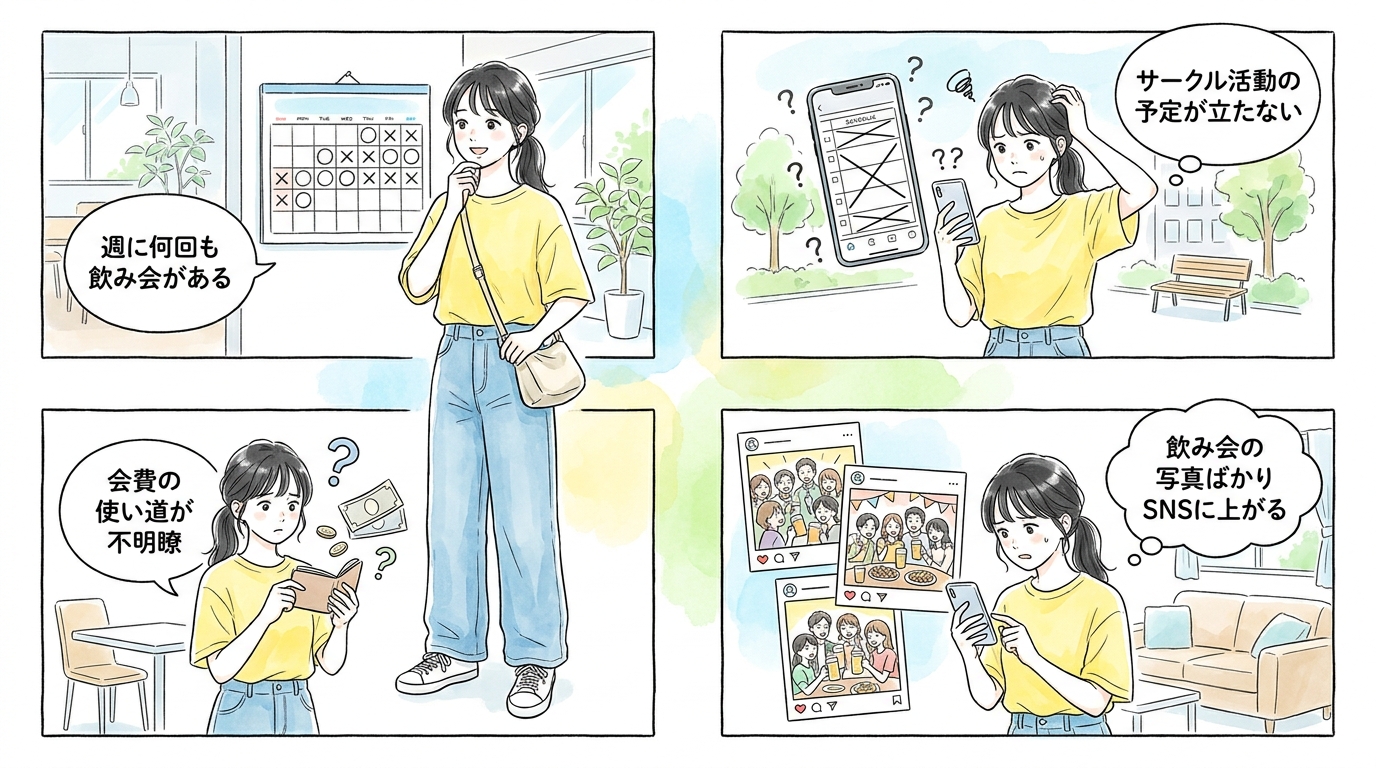 やたらと飲み会が多く、活動実態が曖昧なサークルは要注意だとわかる