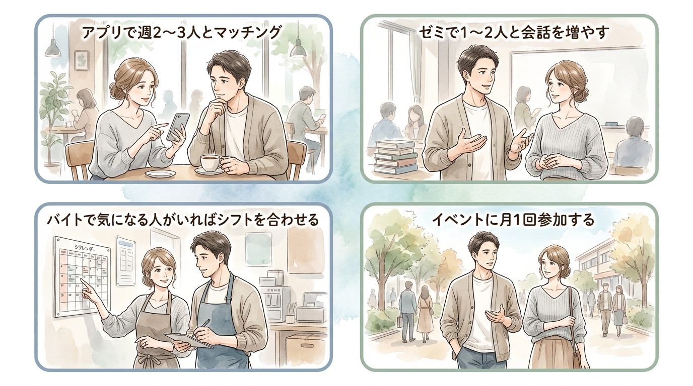 アプリと学内の場を併用すれば月単位で出会いの数が変わってくる