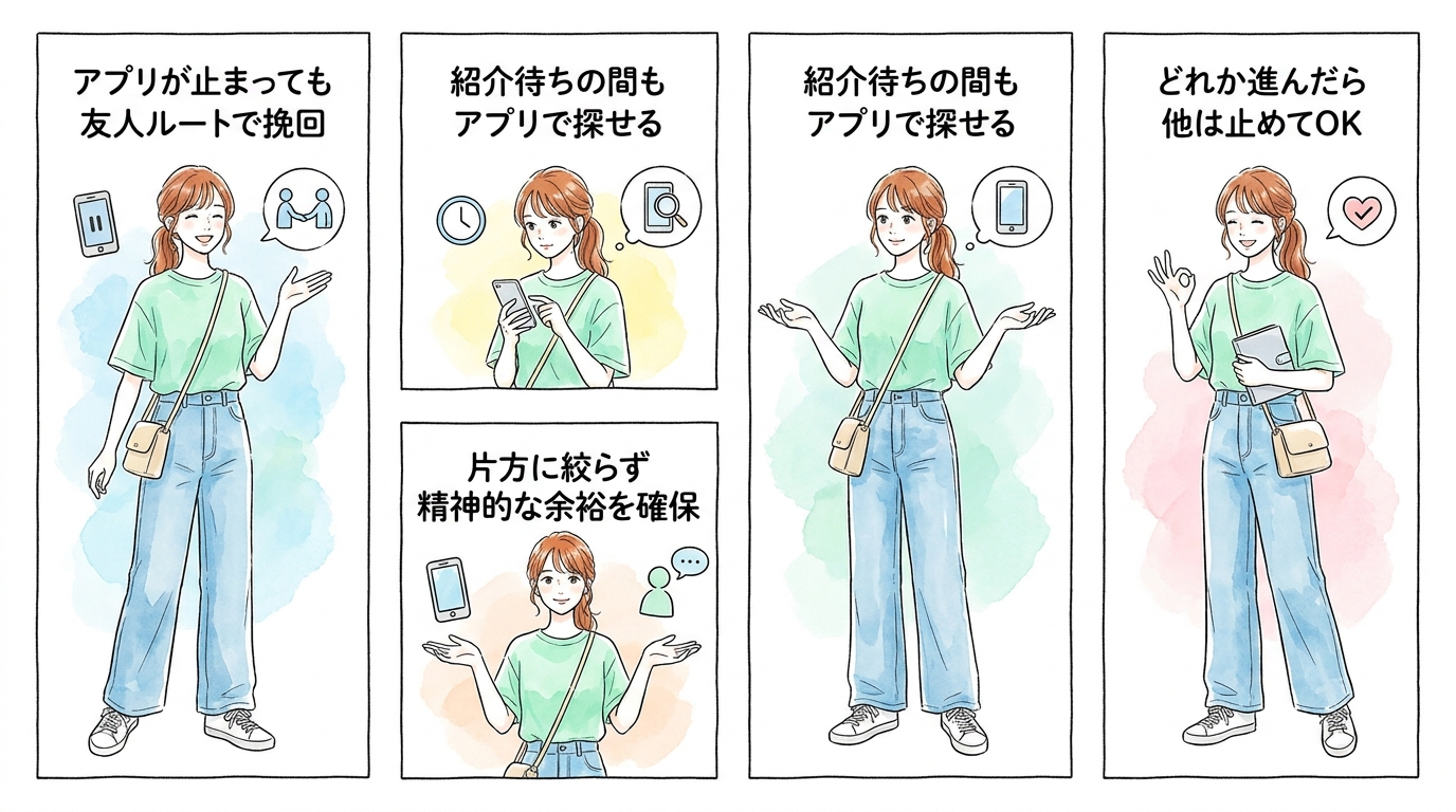 アプリと知人ルートを併用すると、どちらかが進まなくても焦らずに済む