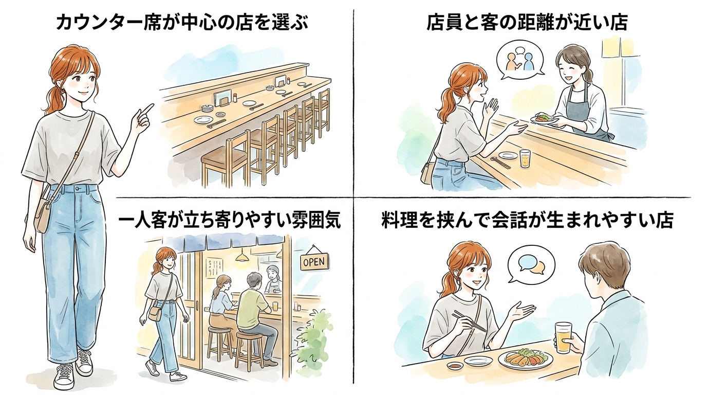 カウンター席で隣と自然に話せる店を選んでいる