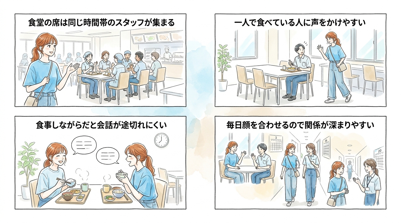 シフト前後の食事時間に会話が始まりやすい
