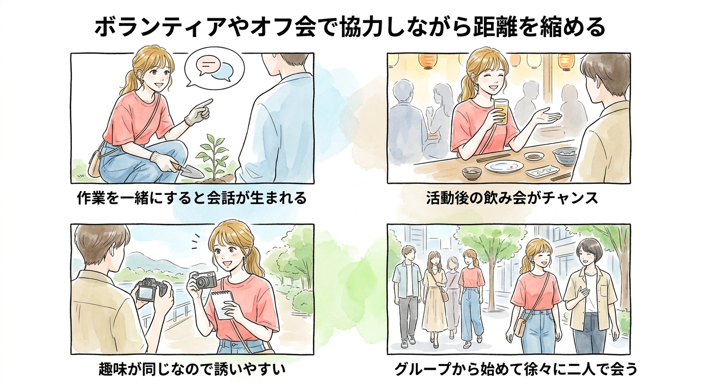ボランティアやオフ会で協力しながら距離を縮める