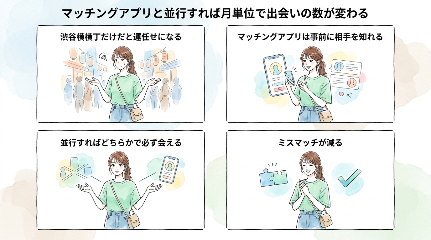マッチングアプリと並行すれば月単位で出会いの数が変わる