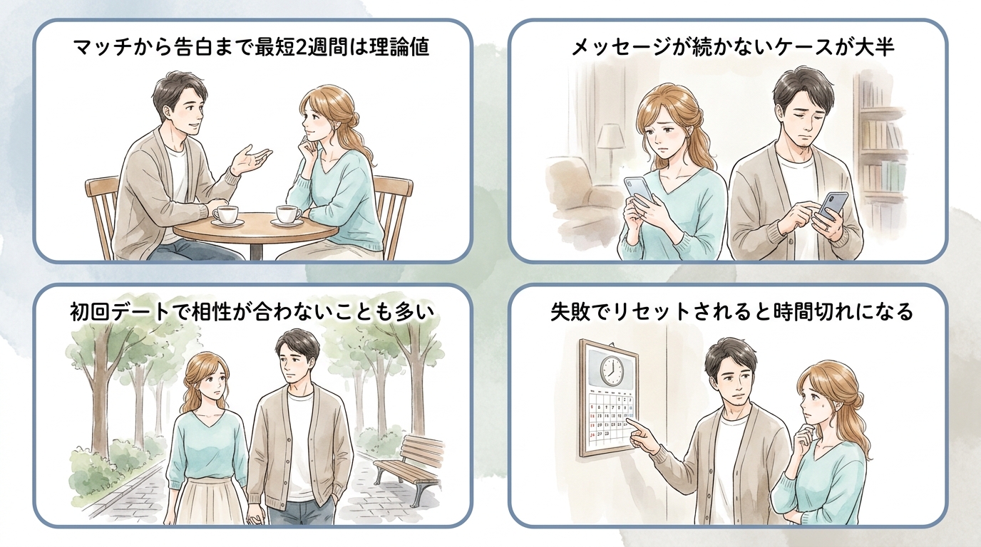 マッチ→初回→告白まで最短2週間でも、母数がなければ失敗でリセットされる