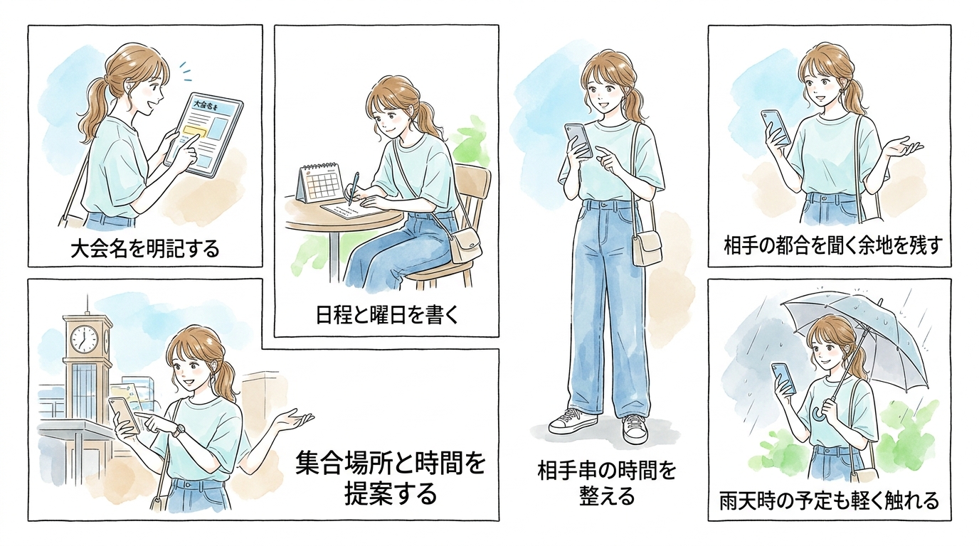 メッセージで誘う場合は、具体的な大会名・日程・集合時間まで提案する
