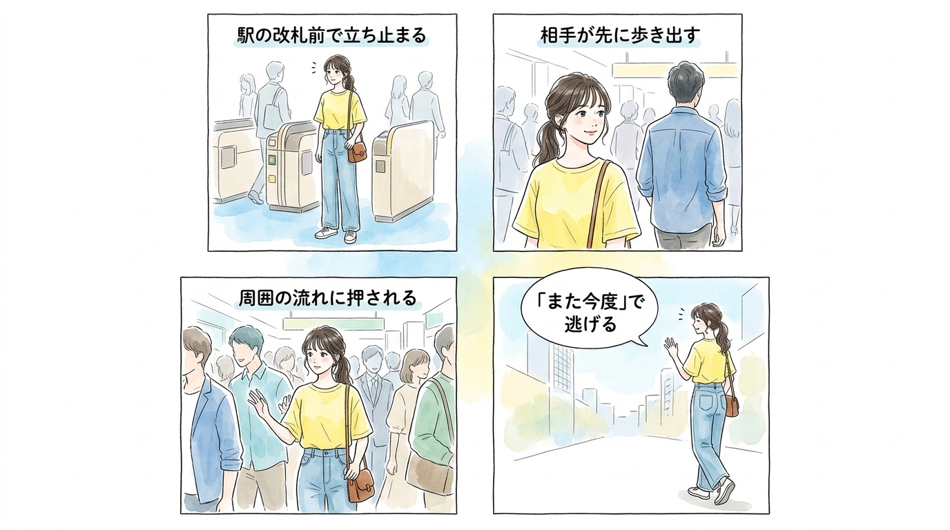 人混みで解散するとき、何も言えずに別れていく