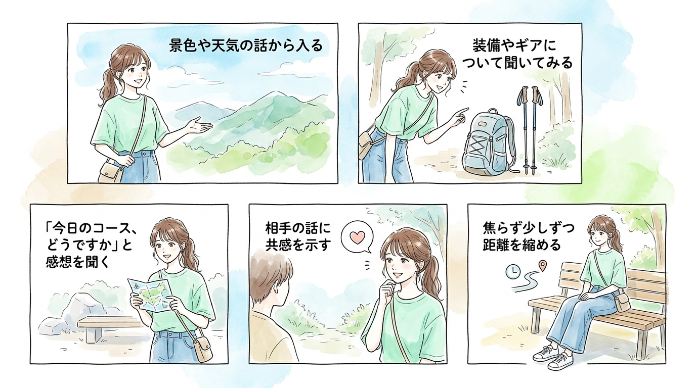 休憩ポイントで景色や装備の話題から入ると警戒されにくい