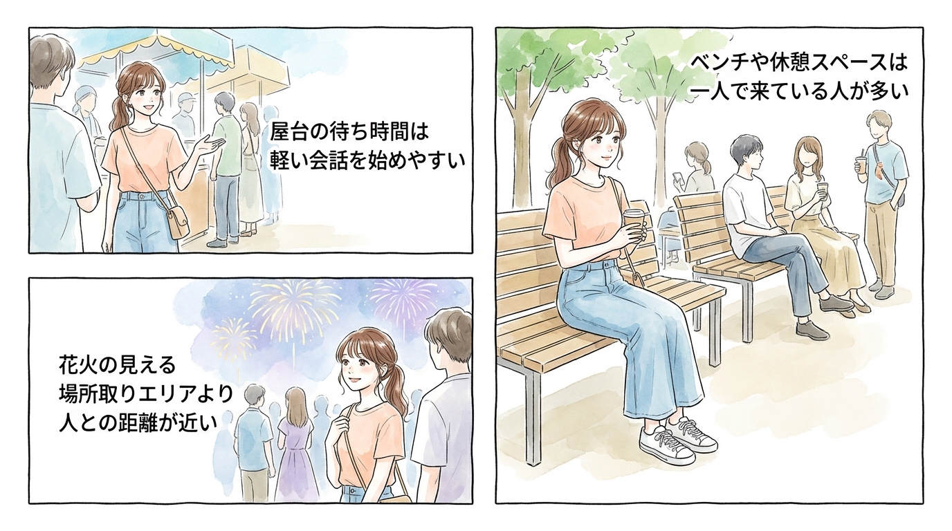 会場周辺の屋台・休憩エリアで自然に話しかけられるタイミングが生まれる