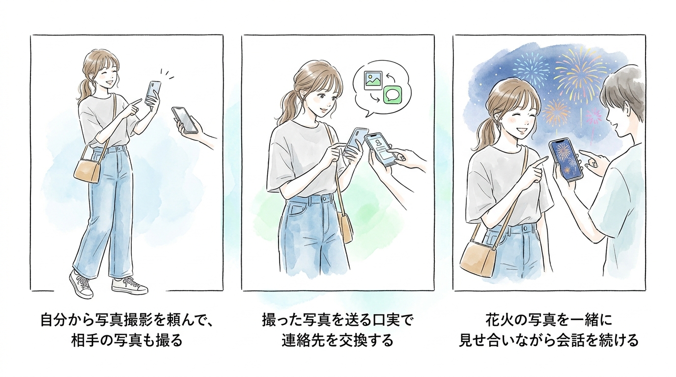 写真撮影を頼む・頼まれる流れで連絡先交換につながる
