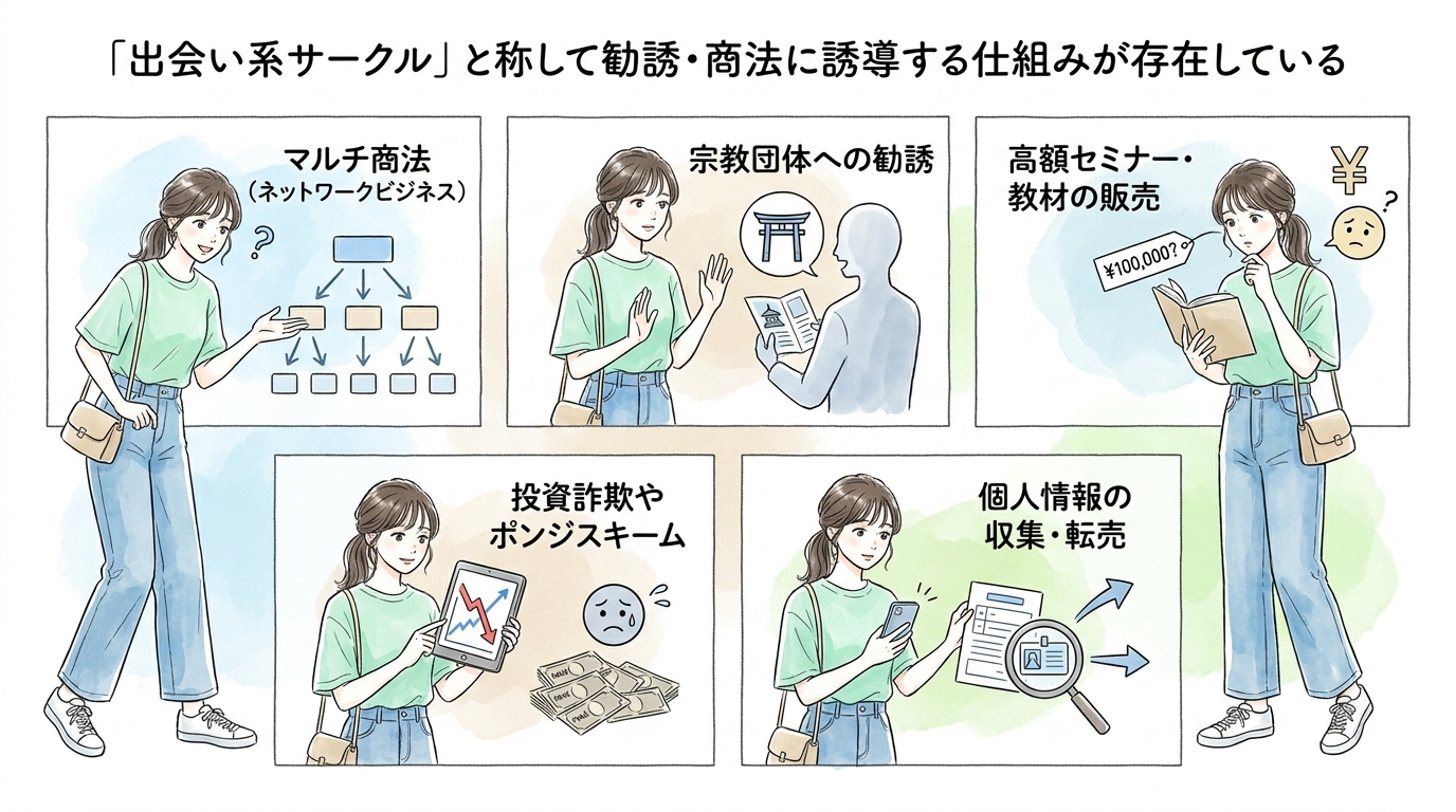 「出会い系サークル」と称して勧誘・商法に誘導する仕組みが存在している